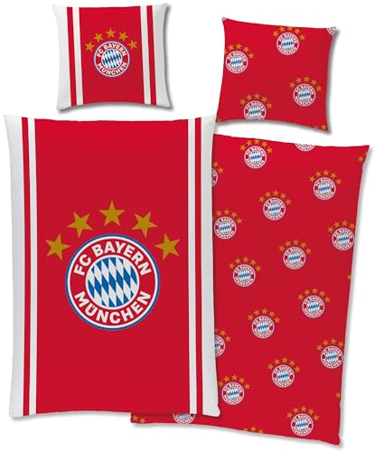 FC Bayern München Bettwäsche Mia San Mia 135 x 200 cm + 80 x 80 cm 100% Baumwolle Renforcé-Linon-Qualität Rekord-Meister Berni Alianz Arena Fußball FCB deutsche Größe mit Reißverschluss von FC Bayern München
