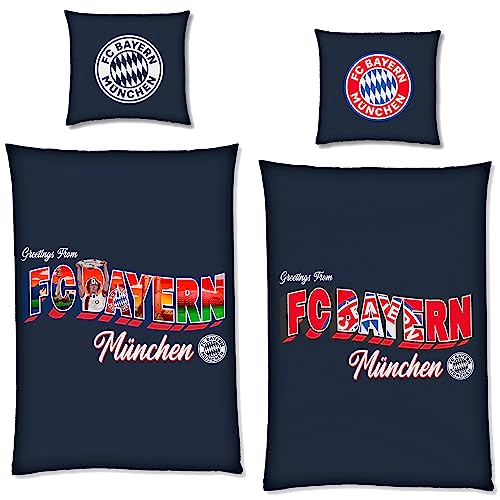 FC Bayern München Wende-Bettwäsche Greetings from 135 x 200 + 80 x 80 cm Fußball FCB Deutscher Rekord-Meister Mia san Mia Fußball Allianz Arena Champions League deutsche Größe Reißverschluss von FC Bayern München