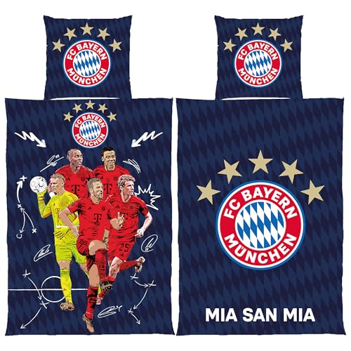 FC Bayern München Wende-Bettwäsche Player 135 x 200 + 80 x 80 cm 100% Baumwolle Linon Fußball FCB Deutscher Rekord-Meister Mia san Mia Fußball Allianz Arena deutsche Größe mit Reißverschluss von FC Bayern München