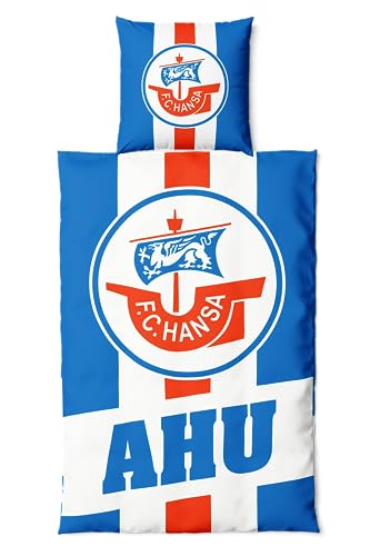 FC Hansa Rostock Bettwäsche Set ** AHU **, Kopfkissenbezug 80 x 80 cm und Bettdeckenbezug 135 x 200 cm, mit Reißverschluss, 100% Baumwolle von FC Hansa Rostock