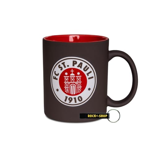 FC St. Pauli Tasse Vereinswappen Kaffeebecher Steingut 300 ml FCSP Fanartikel + RocknShop Flaschenöffner (Braun-Rot, 300 ml) von FC St. Pauli