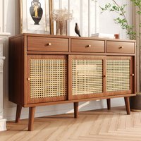 Sideboard 120 cm breit Rattan verstellbare Ablagen 3 Schubladen 3 Schiebetüren massives Holz Beine Walnuss Farbe Modernes Design l Aosom.de von FC