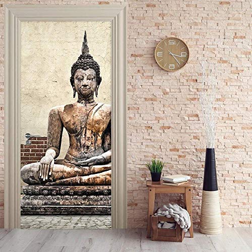 FCFLXJ 3D Türaufkleber Buddha-Statue 77x200cm PVC Selbstklebende Wasserdichte Abnehmbare Art Decals für Dekoration Wandbild Tapete-Kunst-dekorative Wand-Abziehbilder für Schlafzimmer von FCFLXJ