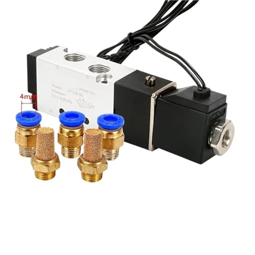 FCLJLJGHT 4V110-06 5 Way 2 Position 1/8" Pneumatic Solenoid Valve with Wire DC12V DC24 AC110 AC220V with 4mm/6mm/8mm/10mm/12mm(With-10mm-Fitting,AC220V) von FCLJLJGHT