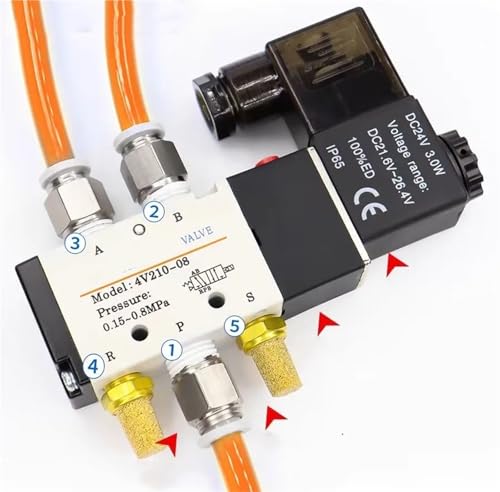 FCLJLJGHT Pneumatic Electric Solenoid Valve 5 Way 2 Position Control Air Gas Magnetic 4V210-08 12V 24V 220V Coil Volt(4V210-08 w PC6-02,DC24V) von FCLJLJGHT