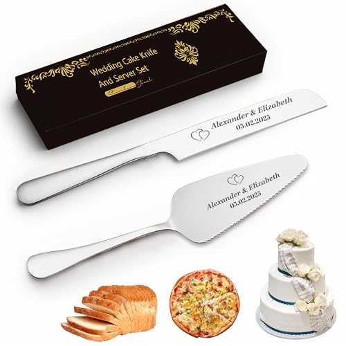 FCLYDER Personalisiertes Tortenmesser & Servierset mit Gravur – Hochzeitsgeschenk für Brautpaare, Geburtstagsgeschenk, Jubiläumsgeschenk – Edelstahl-Kuchenschneider mit Servierer in Geschenkbox von FCLYDER