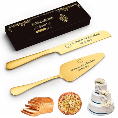 FCLYDER Personalisiertes Tortenmesser & Servierset mit Gravur – Hochzeitsgeschenk für Brautpaare, Geburtstagsgeschenk, Jubiläumsgeschenk – Edelstahl-Kuchenschneider mit Servierer in Geschenkbox von FCLYDER