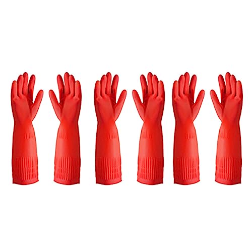 FCSHFC Wiederverwendbar Putzhandschuhe, 3 Paare Lang Gummihandschuhe Rutschfest Küche Gartenarbeit Wasserdicht Haushaltshandschuhe (Color : Rot, Size : S) von FCSHFC