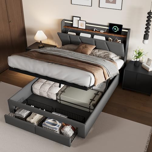 FCSQIU Bett mit Stauraum,Polsterbett 160 x 200 cm mit 2 Schubladen,Hydraulisch Stauraumbett mit Kopfteil,Doppelbett mit Bettkasten Lattenrost,Bettgestell Jugendbett von FCSQIU