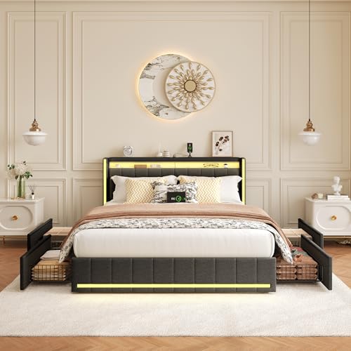 FCSQIU Bett mit Stauraum,Polsterbett 160 x 200 cm mit 4 Schubladen,Polsterbett mit LED-Beleuchtung,Funktionsbett Doppelbett epolstertes Bett mit Lattenrost FCSQIU Bett mit Stauraum,Polsterbett 160 x 200 cm mit 4 Schubladen,Polsterbett mit LED-Beleuchtung,Funktionsbett Doppelbett epolstertes Bett mit Lattenrost von FCSQIU
