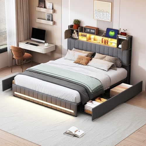 FCSQIU Bett mit Stauraum,Polsterbett 160 x 200 cm mit 4 Schubladen,Polsterbett mit LED-Beleuchtung,Funktionsbett Doppelbett epolstertes Bett mit Lattenrost FCSQIU Bett mit Stauraum,Polsterbett 160 x 200 cm mit 4 Schubladen,Polsterbett mit LED-Beleuchtung,Funktionsbett Doppelbett epolstertes Bett mit Lattenrost von FCSQIU