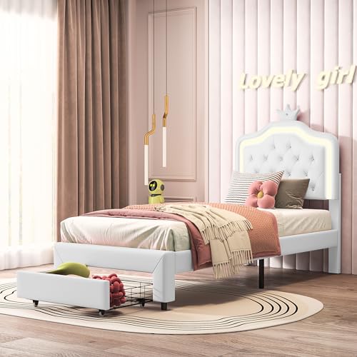 FCSQIU Kinderbett Polsterbett 90x200 cm,Bett Einzelbett Mädchenbett mit LED,Kronen-Einzelbett,Jugendbett,Bettrahmen mit Lattenrost und 1Schubladen FCSQIU Kinderbett Polsterbett 90x200 cm,Bett Einzelbett Mädchenbett mit LED,Kronen-Einzelbett,Jugendbett,Bettrahmen mit Lattenrost und 1Schubladen von FCSQIU