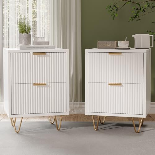 FCSQIU Nachttisch 2er Set,Weißer Beistelltisch mit Schublade,Modern Nachtschrank kleines Bedside Table mit Beine Breit Nachtkästchen,Boho Nachtkommode Schubladenkommode von FCSQIU