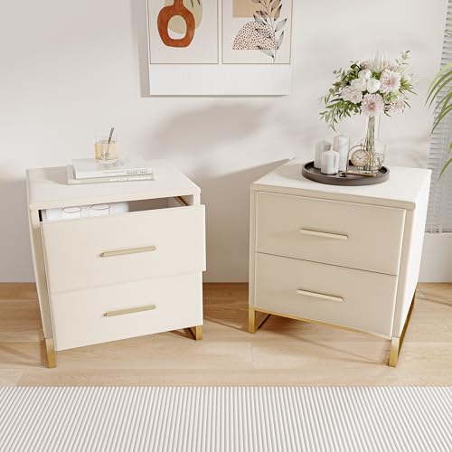 FCSQIU Nachttisch 2er Set,Weißer Beistelltisch mit Schublade,Modern Nachtschrank kleines Bedside Table mit Beine Breit Nachtkästchen,Boho Nachtkommode Schubladenkommode von FCSQIU