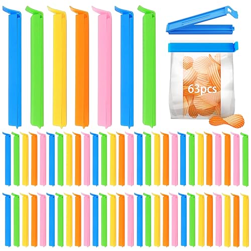 FCXQG 63 Pcs Verschlussclips Verschlussklammern LangTütenclips Bunt Clips für Tüten Kunststoff Klipser für Tüten Klammern für Tüten Versiegeln von Lebensmitteln Tütenclips Beutelverschlussclips von FCXQG