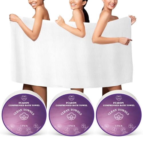 FCaeon Komprimierte Handtücher Tabletten Groß, Einweg-Badetücher für Reisen, 140cm x 70cm Reise-Badetuch für Körper für Hotel Camping Wandern im Freien Sport Strand Schwimmen Urlaub[3 Pack Violett] von FCaeon