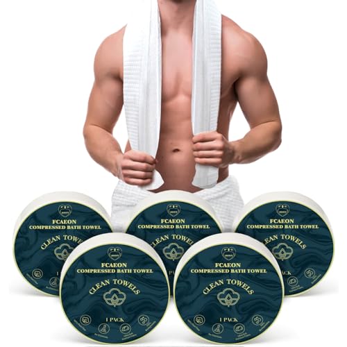 FCaeon Komprimierte Badetuchtabletten 5 verpackt 140 x 70 cm Einweg-Minihandtücher Ausziehbare persönliche Reinigungstabletten in Reisegröße (Blau) von FCaeon