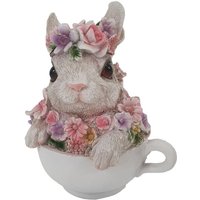 Dekofigur Hase mit Blumen in Tasse 15 x 12 x 10 cm weiß rosa von FD