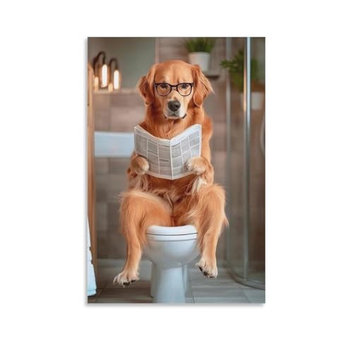 FDBEKPJY Leinwand-Poster, Motiv: Golden Retriever Auf Der Toilette Und Liest Zeitung, Dekoration für Wohnzimmer, Schlafzimmer, 40 x 60 cm, 6 Stück von FDBEKPJY