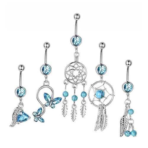 FDCGAS 5 pcs Blau 14G Bauchnabelpiercing,bauchnabelpiercing chirurgenstahl,für Damen Chirurgenstahl Blau Bauch Piercing Schmetterling Clicker Nabel Ringe Körper Piercing Schmuck von FDCGAS