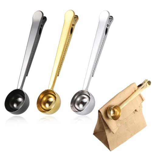 FDCGAS kaffeelöffel portionierer - 3pcs Pack Kaffeeschaufel, Mit Beutelversiegelungsclip,Edelstahl-Messlöffel Kaffeelöffel mit Kaffeebeutel-Clip für gemahlenen Kaffee, Espresso, Kaffeebohnen von FDCGAS