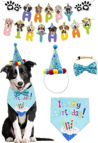 FDEETY 4 Stück Hunde Feier Deko Set Bandana Halsband Hut Girlande Welpen Haustier Kostüm Accessoires Hundehalstuch Outfit von FDEETY