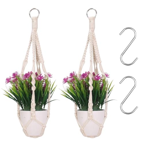 FDGGT 2 Stück Gewebte Blumentopf-Netzbeutel Und 2 Stück S-Förmige Haken, Gartenzubehör, Hängender Blumentopf-Netzkorb, Heimdekoration von FDGGT