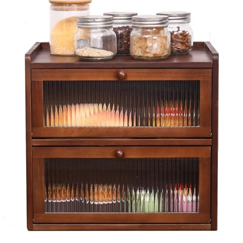 FDHUIJIA Doppelschichtige große Brotbox für Küchentheke, Brotaufbewahrungsbehälter aus Holz mit Acrylfenster (braun) von FDHUIJIA