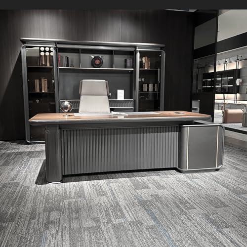 Chefschreibtisch, L-förmiger Schreibtisch mit geräumigem Schreibtisch-Design, Sichttrennwand und großem Stauraum, 183 cm, Grau + dunkles Kaffeefarben von FDINUDIGUHTTYYYY