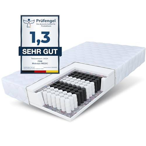 FDM Matratze 90x200 cm Härtegrad H3 Höhe 23 cm Taschenfederkernmatratze Polyurethan-Schaum 7 Komfortzonen mit Hypoallergenem Waschbarem Premium-Bezug Oeko-Tex Medic MAX von FDM