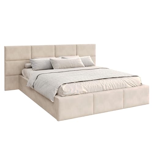 FDM Polsterbett 90x200 cm mit Lattenrost Bettkasten Wandpaneele Stauraum Denver Trinity beige modern von FDM