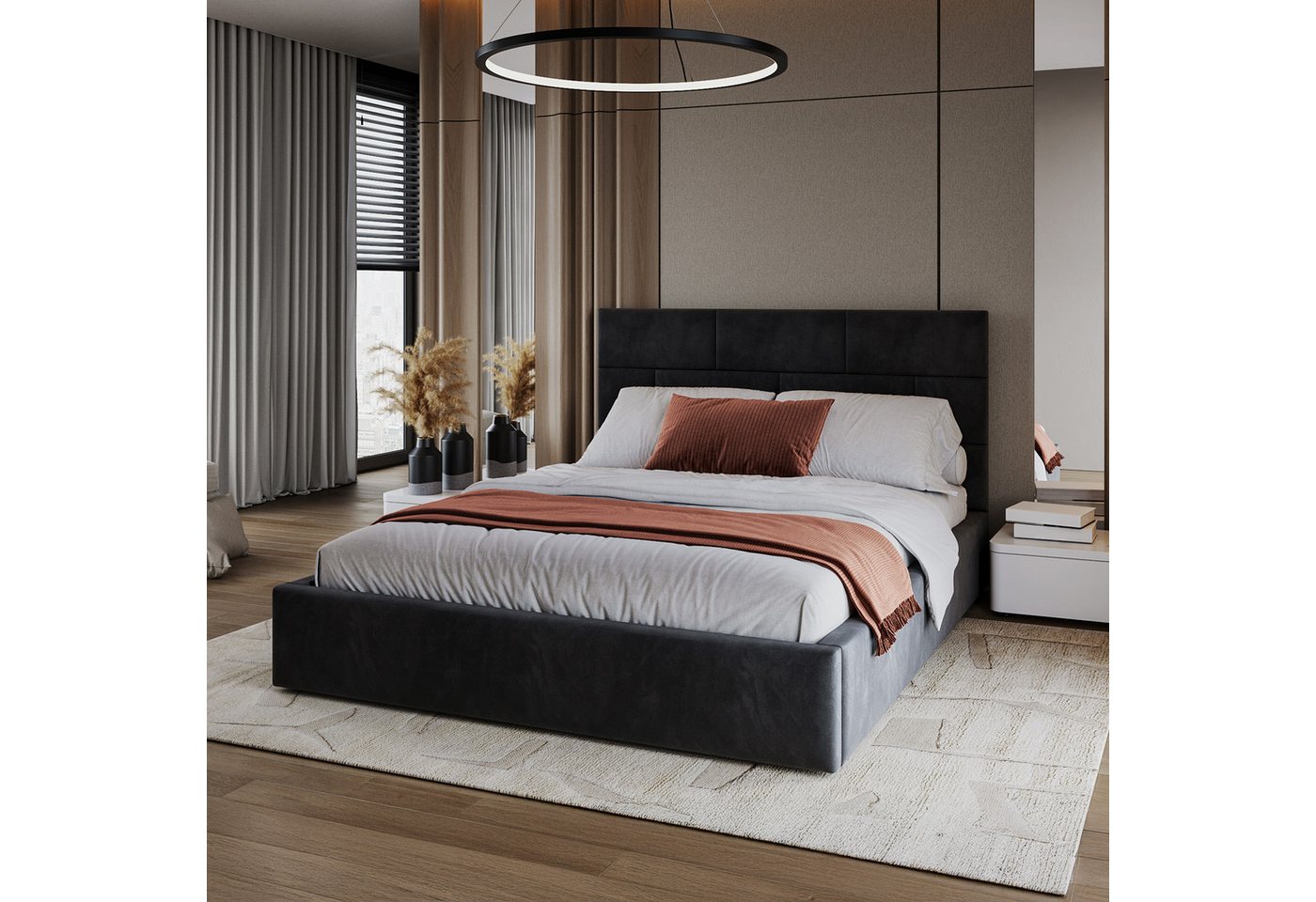 FDM Polsterbett ALA modern mit Bettkasten MADE IN EU - mit hochwertigem Paris Bezug (verfügbar 90x200 120x200 140x200 160x200 180x200cm, Bettrahmen, Bett, mit großen gepolsterten Kopfteil, mit Bettkasten zum aufklappen), Hebbarer Metallrahmen, Bettkasten, mit/ohne Matratze von FDM