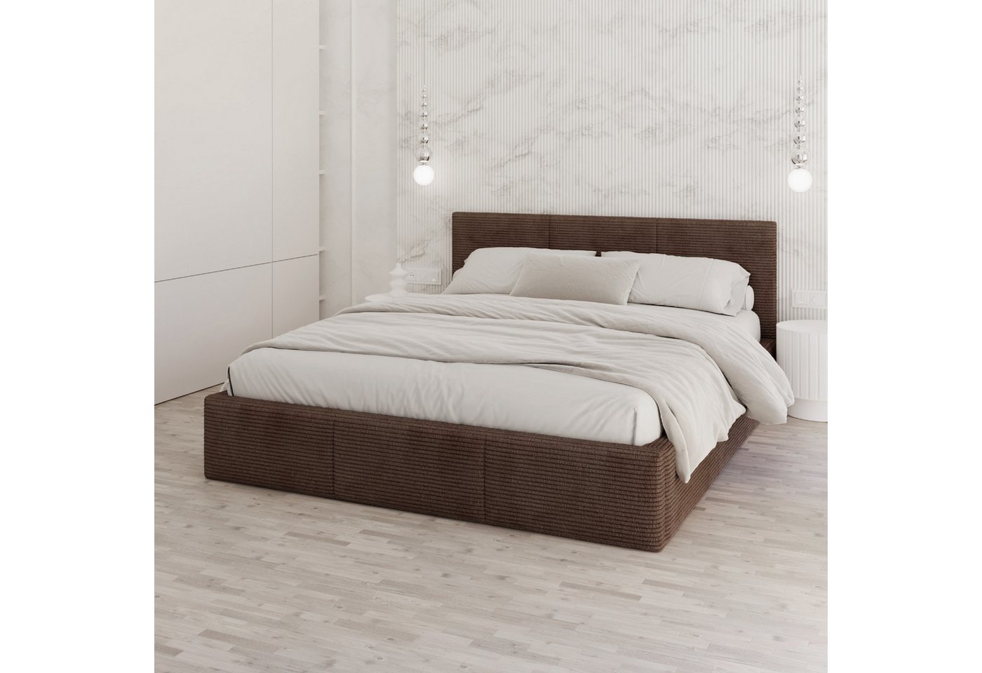 FDM Polsterbett AMBER modern mit Bettkasten MADE IN EU - mit Cord Bezug (verfügbar 90x200 120x200 140x200 160x200 180x200cm, Bettrahmen, Bett, mit großen gepolsterten Kopfteil, mit Bettkasten zum aufklappen), Hebbarer Metallrahmen, Bettkasten, mit/ohne Matratze FDM Polsterbett AMBER modern mit Bettkasten MADE IN EU - mit Cord Bezug (verfügbar 90x200 120x200 140x200 160x200 180x200cm, Bettrahmen, Bett, mit großen gepolsterten Kopfteil, mit Bettkasten zum aufklappen), Hebbarer Metallrahmen, Bettkasten, mit/ohne Matratze von FDM