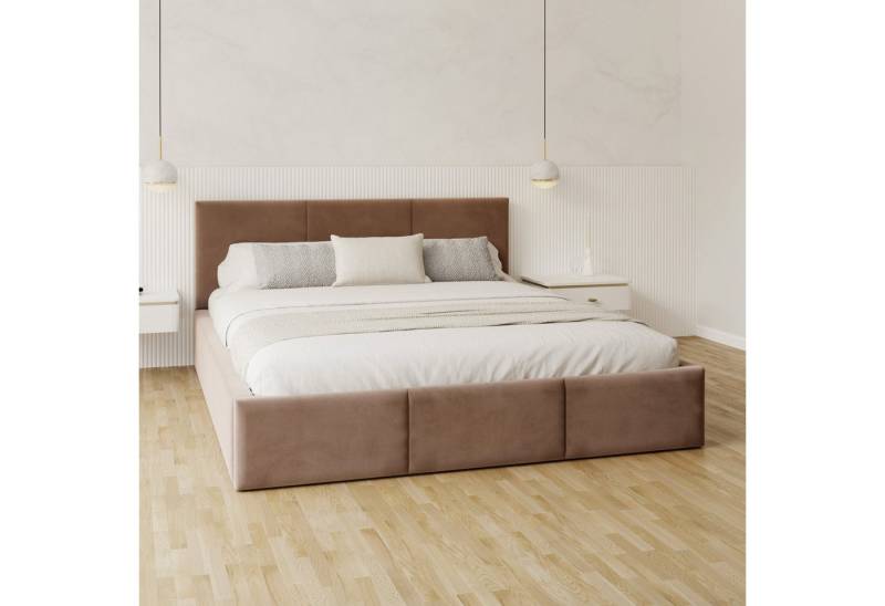 FDM Polsterbett AMBER modern mit Bettkasten MADE IN EU - mit Trinity Velours Bezug (verfügbar 90x200 120x200 140x200 160x200 180x200cm, Bettrahmen, Bett, mit großen gepolsterten Kopfteil, mit Bettkasten zum aufklappen), Hebbarer Metallrahmen, Bettkasten, mit/ohne Matratze FDM Polsterbett AMBER modern mit Bettkasten MADE IN EU - mit Trinity Velours Bezug (verfügbar 90x200 120x200 140x200 160x200 180x200cm, Bettrahmen, Bett, mit großen gepolsterten Kopfteil, mit Bettkasten zum aufklappen), Hebbarer Metallrahmen, Bettkasten, mit/ohne Matratze von FDM