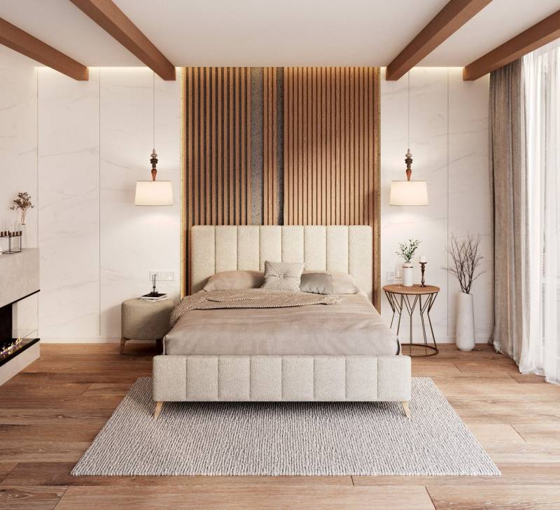 FDM Polsterbett Bettgestell Bettrahmen 120x200, 140x200, 160x200, 180x200 (in Farben Altrosa, Creme, Grafit oder Grau, aus hochwertigen Bouclé Stoff), Schlafzimmer Bett für Erwachsene von FDM