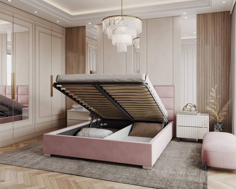 FDM Polsterbett Bettgestell Bettrahmen 120x200, 140x200, 160x200, 180x200cm (MADE IN EU - mit hochwertigem Velours Bezug, Bettrahmen, Bett, Optional mit Matratze bestellbar, mit großen gepolsterten Kopfteil), Mettelrahmen mit hydraulischer Klappfunktion für mehr Stauraum von FDM