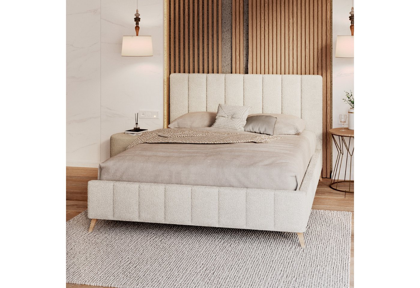 FDM Polsterbett FELICE modern mit Bettkasten MADE IN EU - mit Boucle Stoff (verfügbar 120x200 140x200 160x200 180x200cm, Bettrahmen, Bett, mit großen gepolsterten Kopfteil, Lattenrost aus Holz), Lattenrost aus Holz von FDM