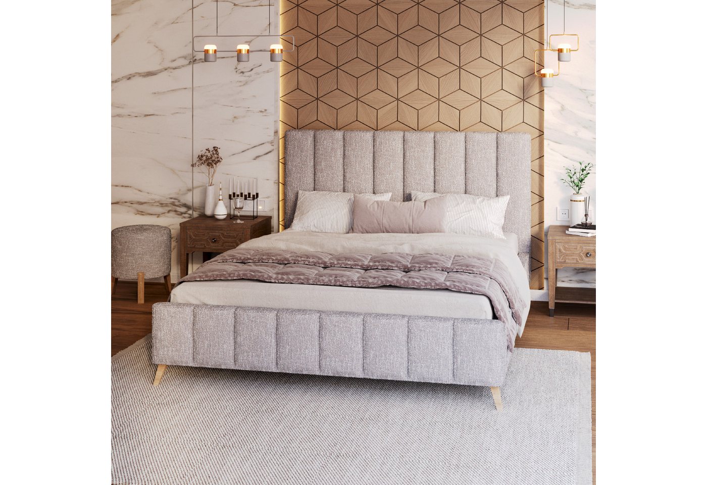 FDM Polsterbett FELICE modern mit Bettkasten MADE IN EU - mit Boucle Stoff (verfügbar 120x200 140x200 160x200 180x200cm, Bettrahmen, Bett, mit großen gepolsterten Kopfteil, Lattenrost aus Holz), Lattenrost aus Holz von FDM