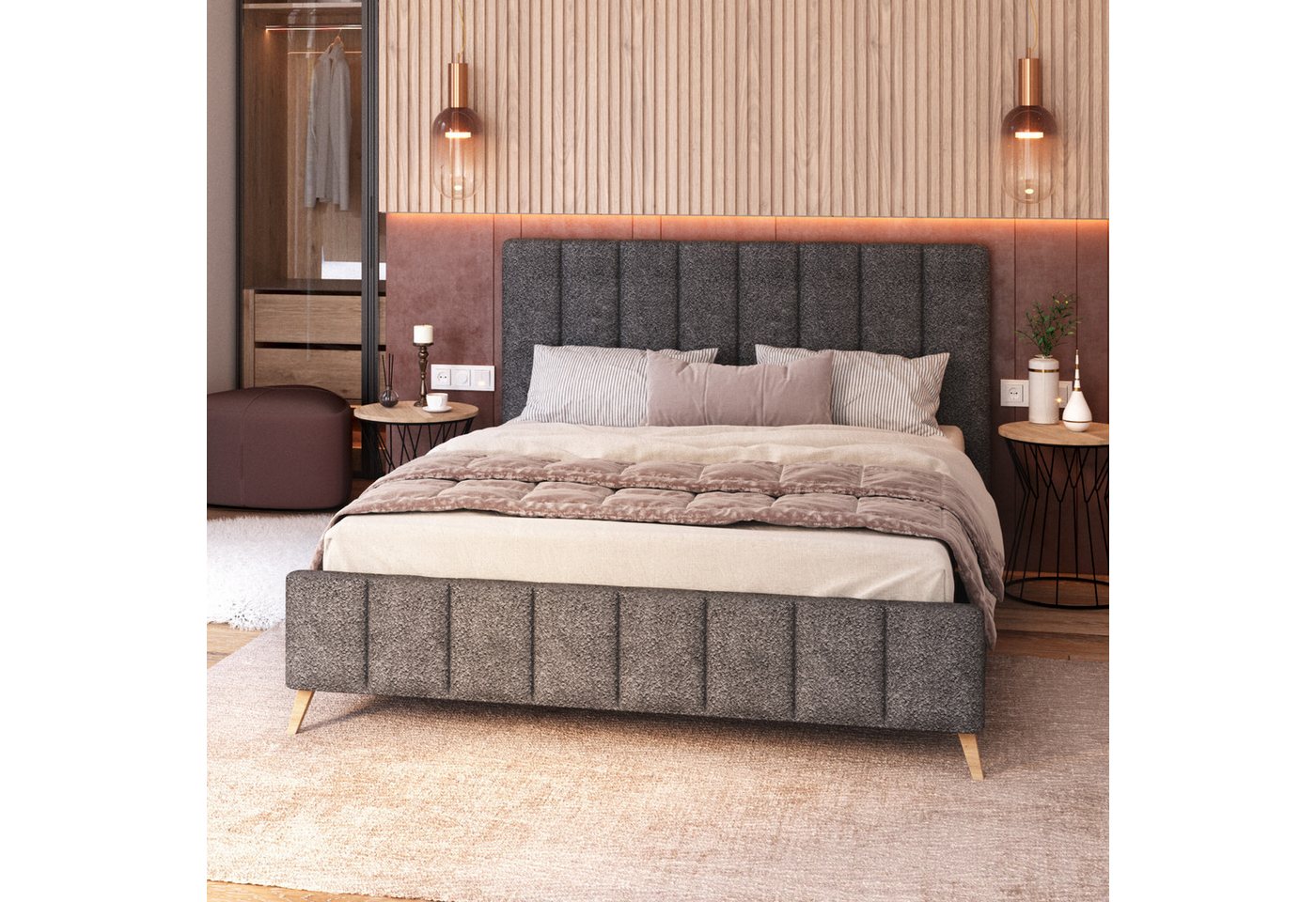 FDM Polsterbett FELICE modern mit Bettkasten MADE IN EU - mit Boucle Stoff (verfügbar 120x200 140x200 160x200 180x200cm, Bettrahmen, Bett, mit großen gepolsterten Kopfteil, Lattenrost aus Holz), Lattenrost aus Holz von FDM