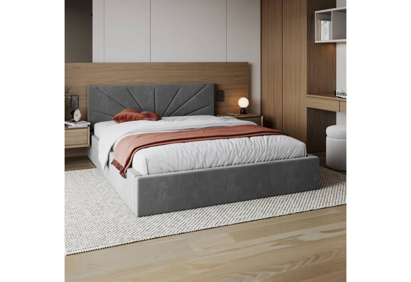 FDM Polsterbett SUNSET Bettgestell MADE IN EU - mit hochwertigem Velours Bezug (verfügbar 90x200 120x200 140x200 160x200 180x200cm, Bettrahmen, Bett, mit großen gepolsterten Kopfteil, mit Bettkasten zum aufklappen), Hebbarer Metallrahmen, Bettkasten, ohne Matratze FDM Polsterbett SUNSET Bettgestell MADE IN EU - mit hochwertigem Velours Bezug (verfügbar 90x200 120x200 140x200 160x200 180x200cm, Bettrahmen, Bett, mit großen gepolsterten Kopfteil, mit Bettkasten zum aufklappen), Hebbarer Metallrahmen, Bettkasten, ohne Matratze von FDM