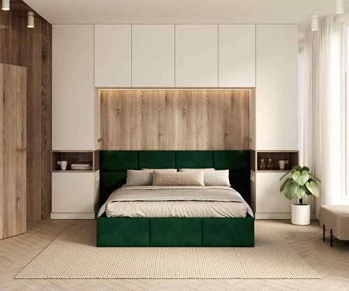 FDM Polsterbett mit Bettkasten 90x200 120x200 140x200 160x200 180x200 cm – Stauraumbett aus Velours, gepolstertes Kopfteil, Lattenrost & Metallrahmen, klappbar, Made IN EU (Grün, 160x200) von FDM
