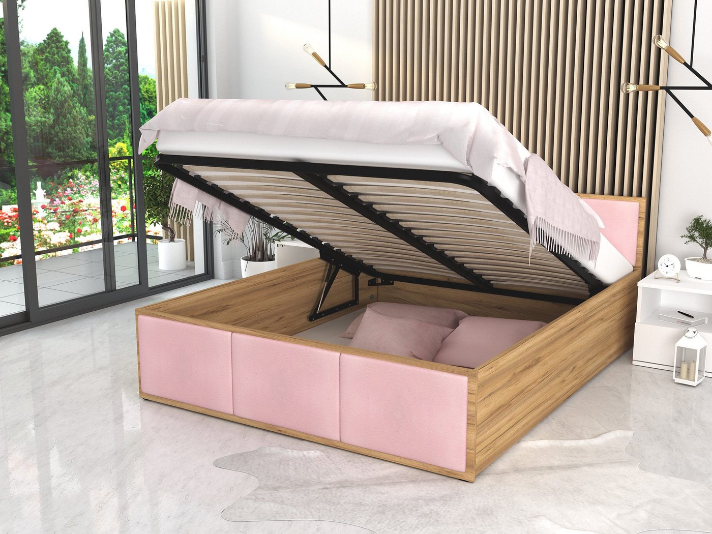 FDM Polsterbett mit Lattenrost Doppelbett 120x200, 140x200, 160x200, 180x200 (MADE IN EU - Bettrahmen mit Bettkasten für viel Stauraum, in Grau,Weiß oder Eiche Braun, ideal für Paare), Metallrahmen mit hydraulischer Klappfunktion von FDM