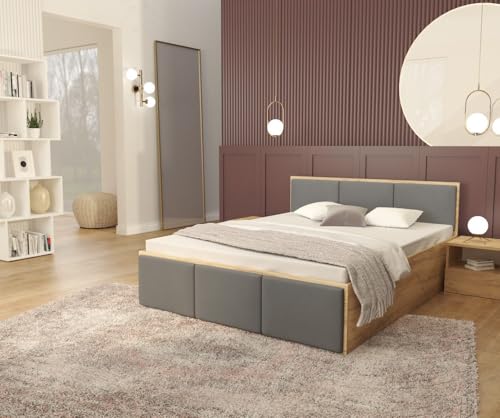 FDM Stauraumbett mit Bettkasten 120x200 140x200 160x200 180x200 cm – Stauraumbett aus Holz, großes Kopfteil, Lattenrost & Metallrahmen, klappbar, Made IN EU (Eiche-Grafit, 180x200) von FDM