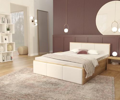 FDM Stauraumbett mit Bettkasten 120x200 140x200 160x200 180x200 cm – Stauraumbett aus Holz, großes Kopfteil, Lattenrost & Metallrahmen, klappbar, Made IN EU (Eiche-Weiß, 140x200) von FDM