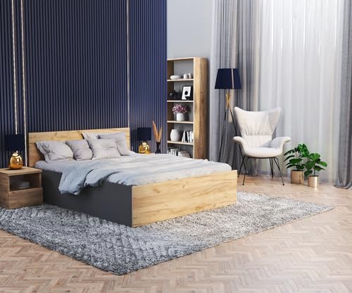 FDM Stauraumbett mit Bettkasten 120x200 140x200 160x200 180x200 cm – Stauraumbett aus Holz, großes Kopfteil, Lattenrost & Metallrahmen, klappbar, Made IN EU (Grafit-Natur, 120x200) von FDM