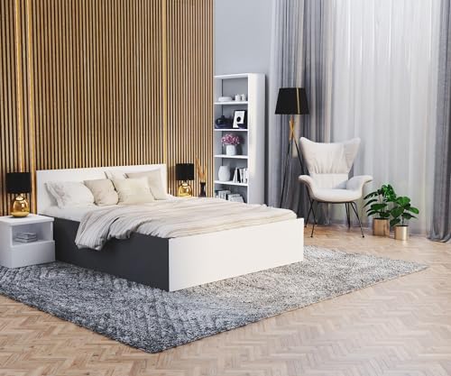 FDM Stauraumbett mit Bettkasten 120x200 140x200 160x200 180x200 cm – Stauraumbett aus Holz, großes Kopfteil, Lattenrost & Metallrahmen, klappbar, Made IN EU (Grafit-Weiß, 140x200) von FDM