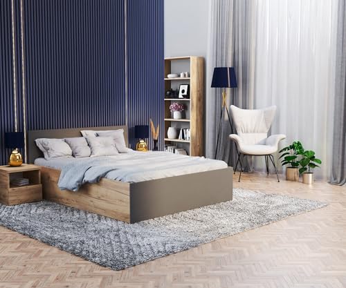 FDM Stauraumbett mit Bettkasten 120x200 140x200 160x200 180x200 cm – Stauraumbett aus Holz, großes Kopfteil, Lattenrost & Metallrahmen, klappbar, Made IN EU (Natur-Grafit, 160x200) von FDM