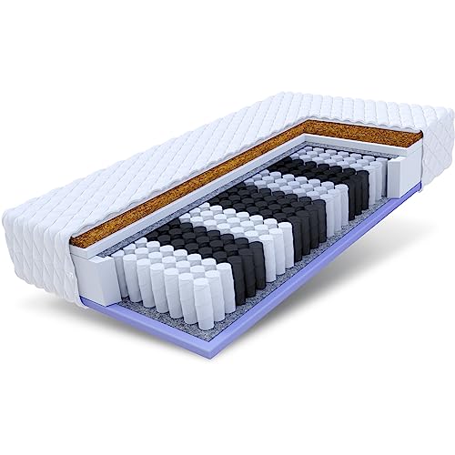FDM Voyager Matratze 80x200 cm Taschenfederkern Höhe 24 cm Härtegrad H3 H4 7-Liegezonen Öko-Tex Allergikergeeignet Jersey Bezug Waschbar Kokosfaser-Einlage von FDM