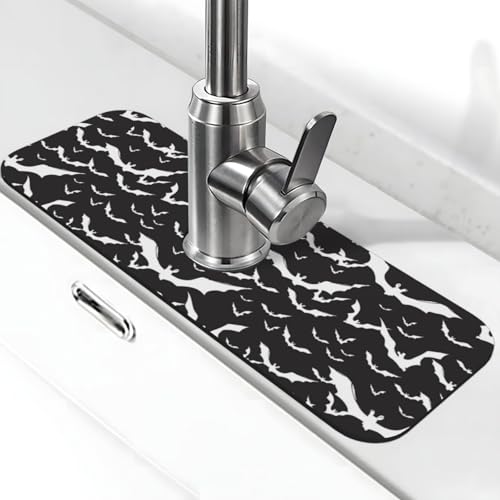 Fledermäuse Halloween Goth Silhouetten Schwarz Weiß 38,1 x 14 cm Küchenspüle Spritzschutz Wasserhahn Schutz Abtropfmatte Spüle Spritzschutz Wasserhahn Küche Badezimmer von FDNUPIAN