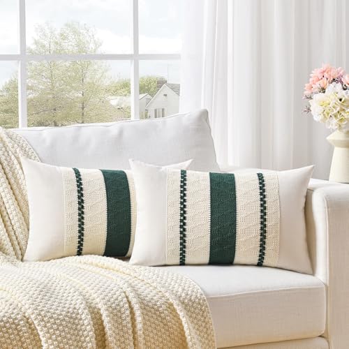 FDTERN 2er Set Boho Kissenbezug 30x50 Dunkelgrün,Dekorative Leinen Kissenbezüge Kissenhülle Dekokissenbezug Sofakissen Dekokissen Deko für Sofa Schlafzimmer Wohnzimmer von FDTERN